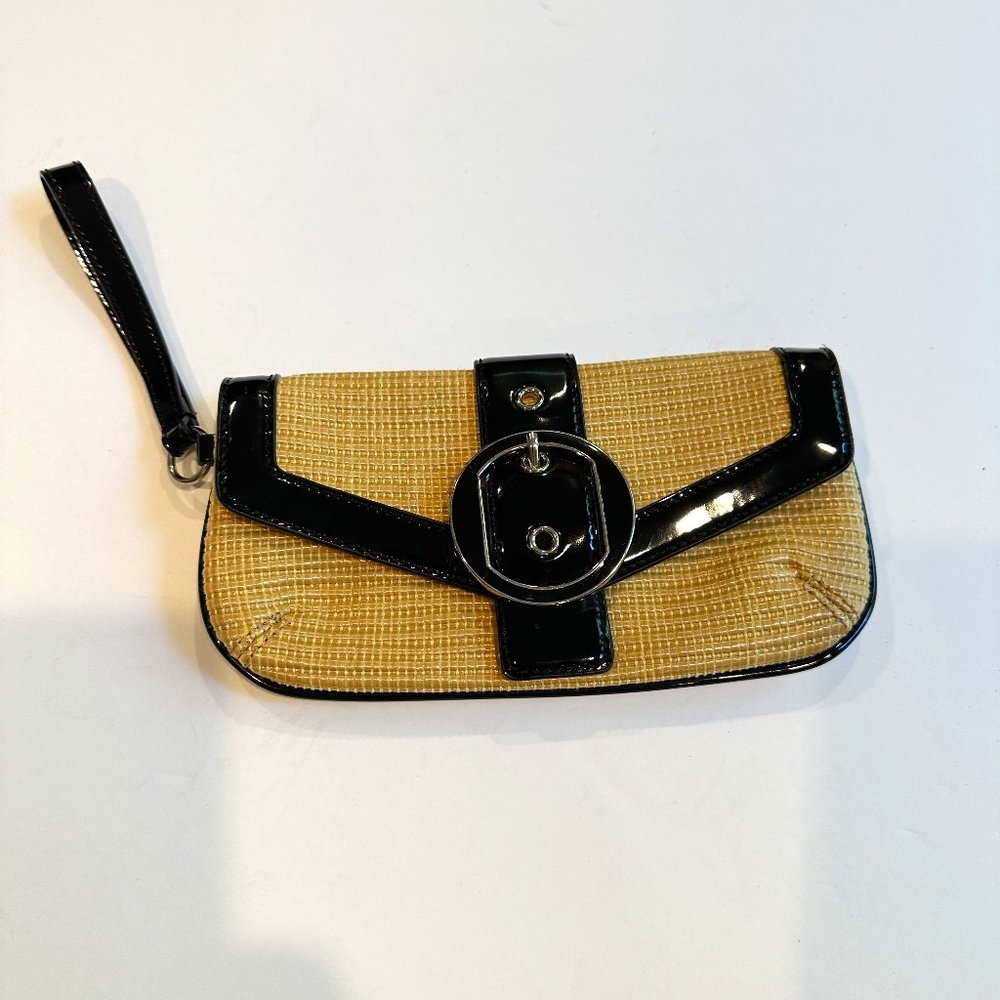 Ann Taylor Bag Clutch Wristlet Woven Wicker Black Patent Leather Classic Preppy